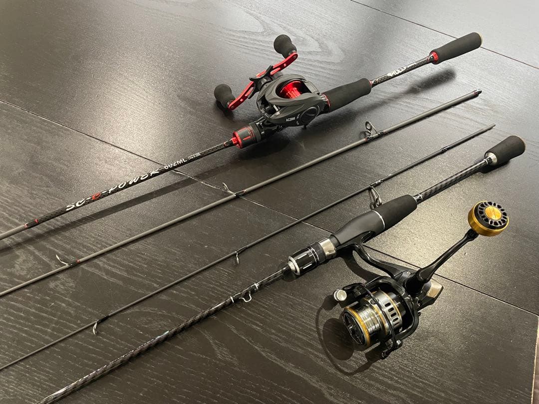 バス釣り2セット・ベイトロッド&リール(右巻)スピニングロッド&リール・ライン付