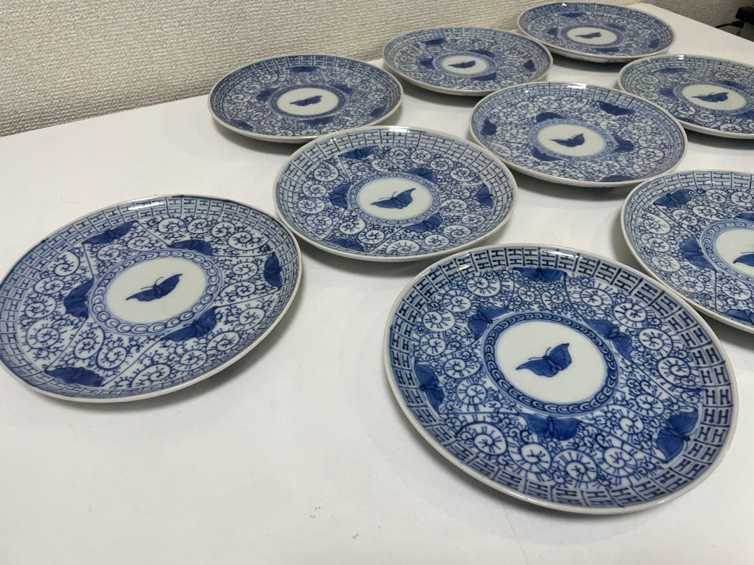【現状品】古伊万里 染付 陶器 蛸唐草 蝶 大明宣徳年製 アンティーク 10枚②