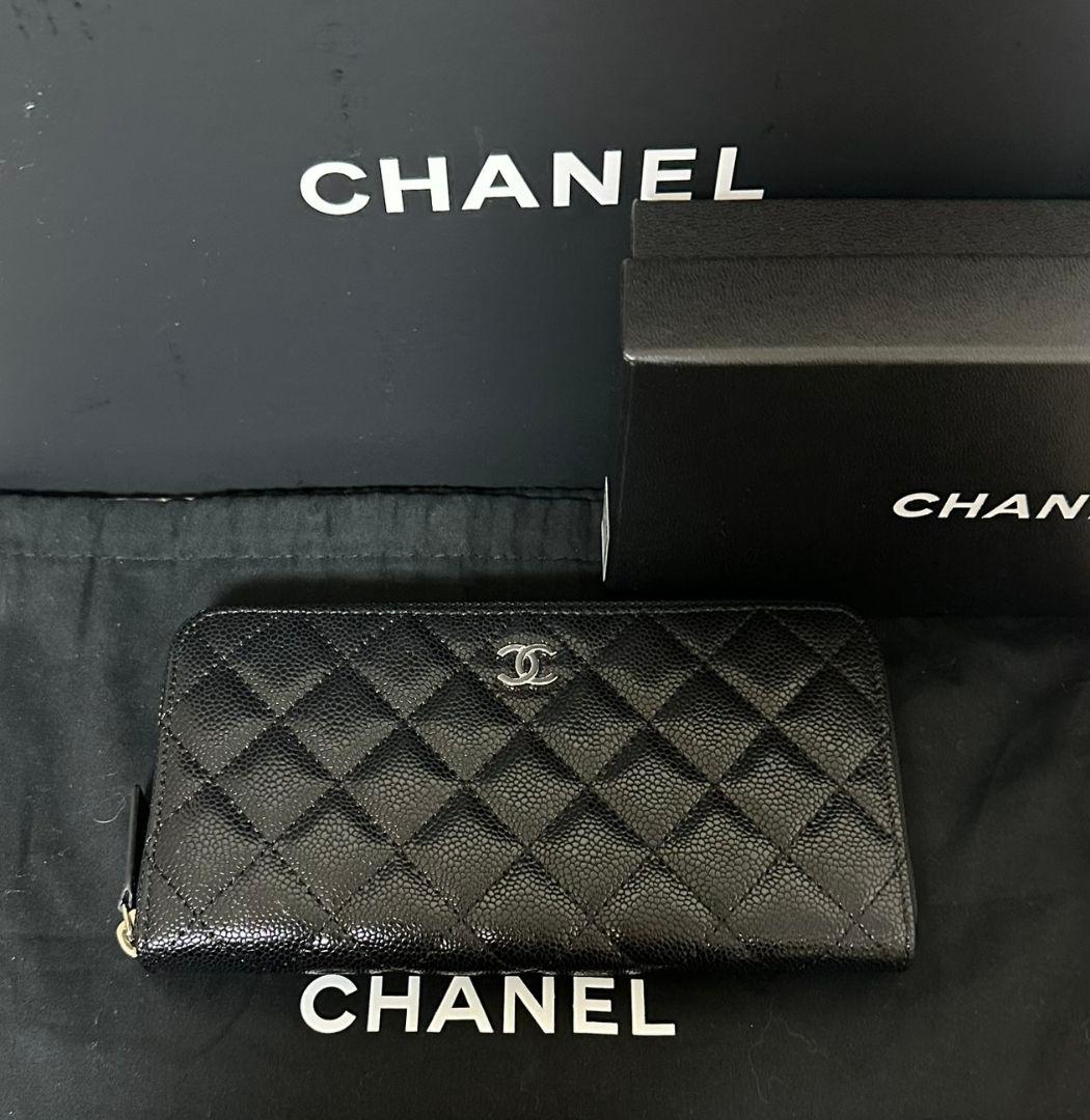 CHANELノベルティレザーラウンドファスナー長財布ブラックシルバー