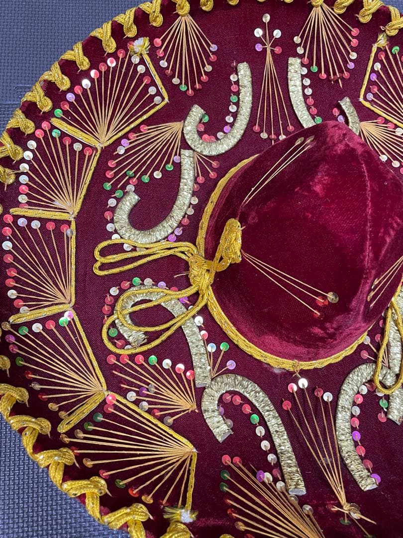 ソンブレロ メキシカンハット　ベロア　アンティーク メキシコ　刺繍入り　赤色