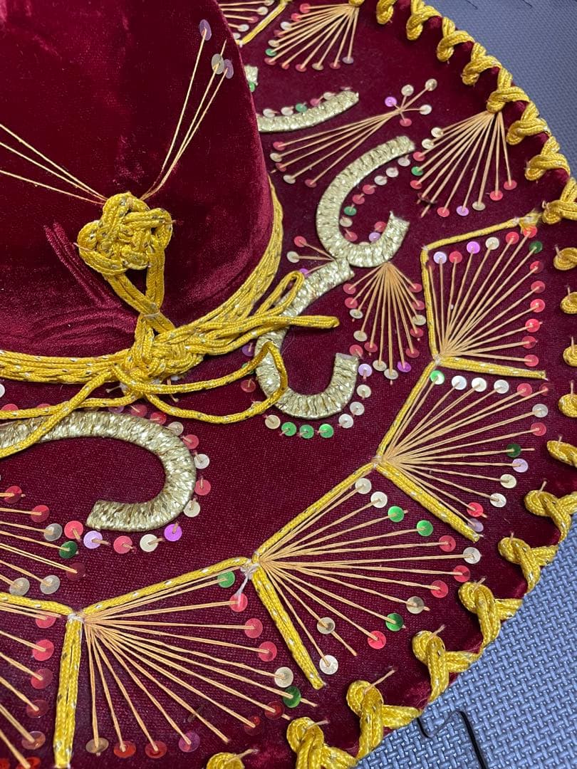 ソンブレロ メキシカンハット　ベロア　アンティーク メキシコ　刺繍入り　赤色