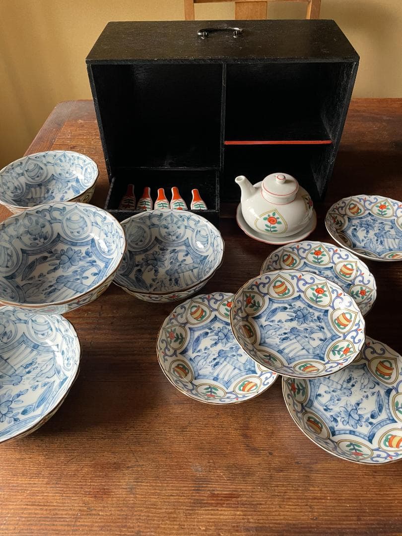 蒙古焼 藍窯 木棚付 中鉢 小皿 箸置 各5客 醤油差し1客セット新品 未使用