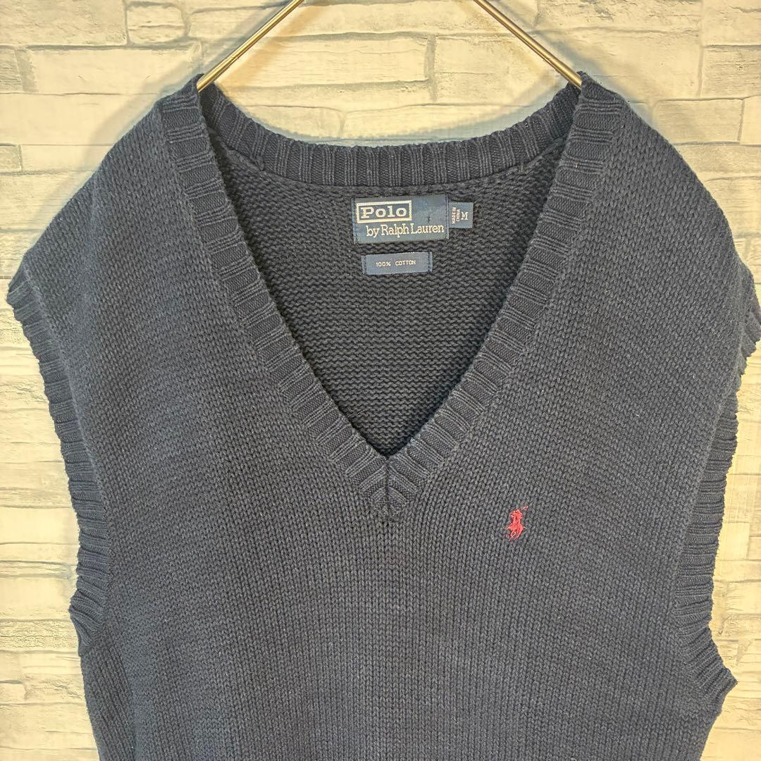 【USA古着】90s ラルフローレンニットベストM Vネック　ブランド刺繍