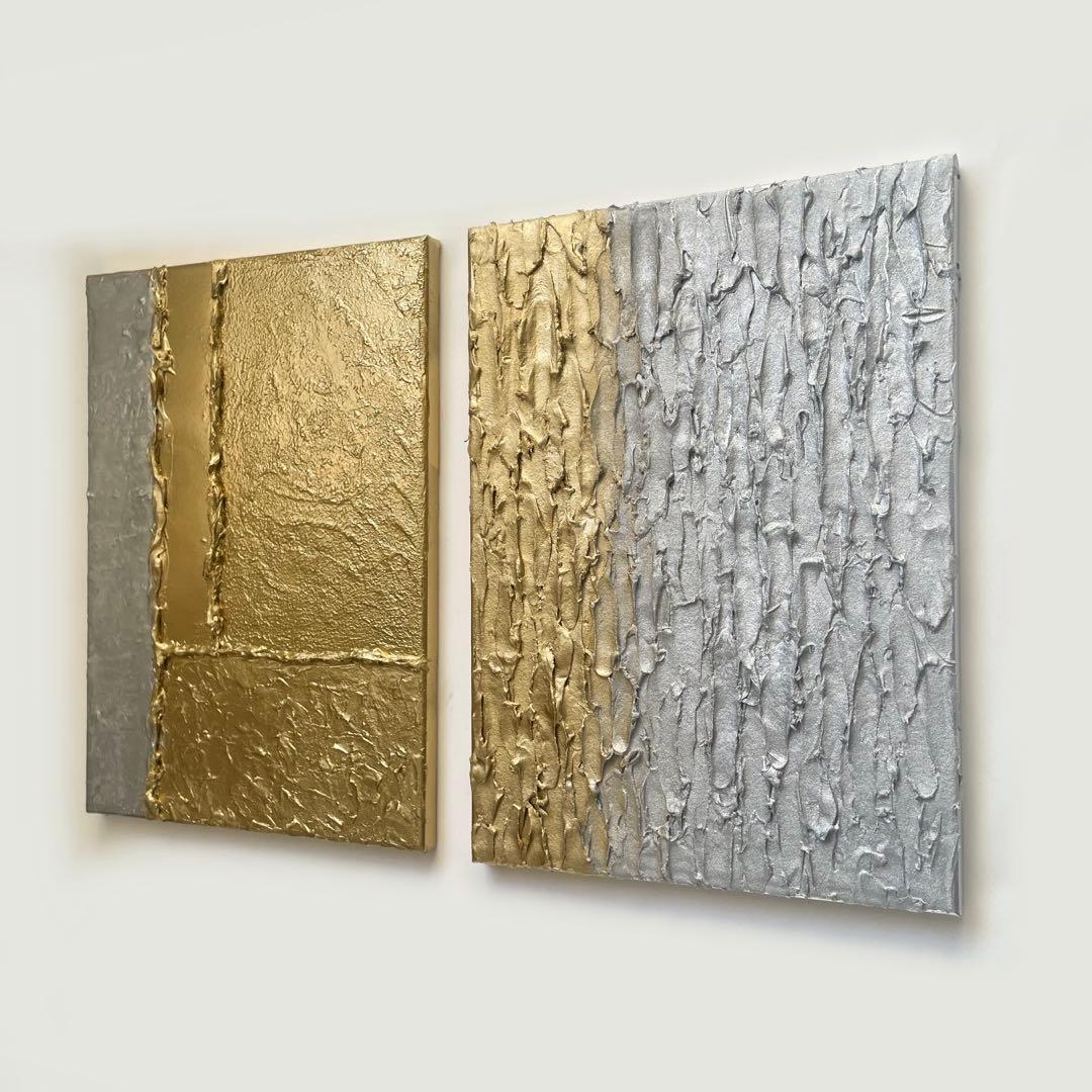 銀と金の現代アート｜F4 二枚組テクスチャーアート｜モダン・抽象・インテリア絵画