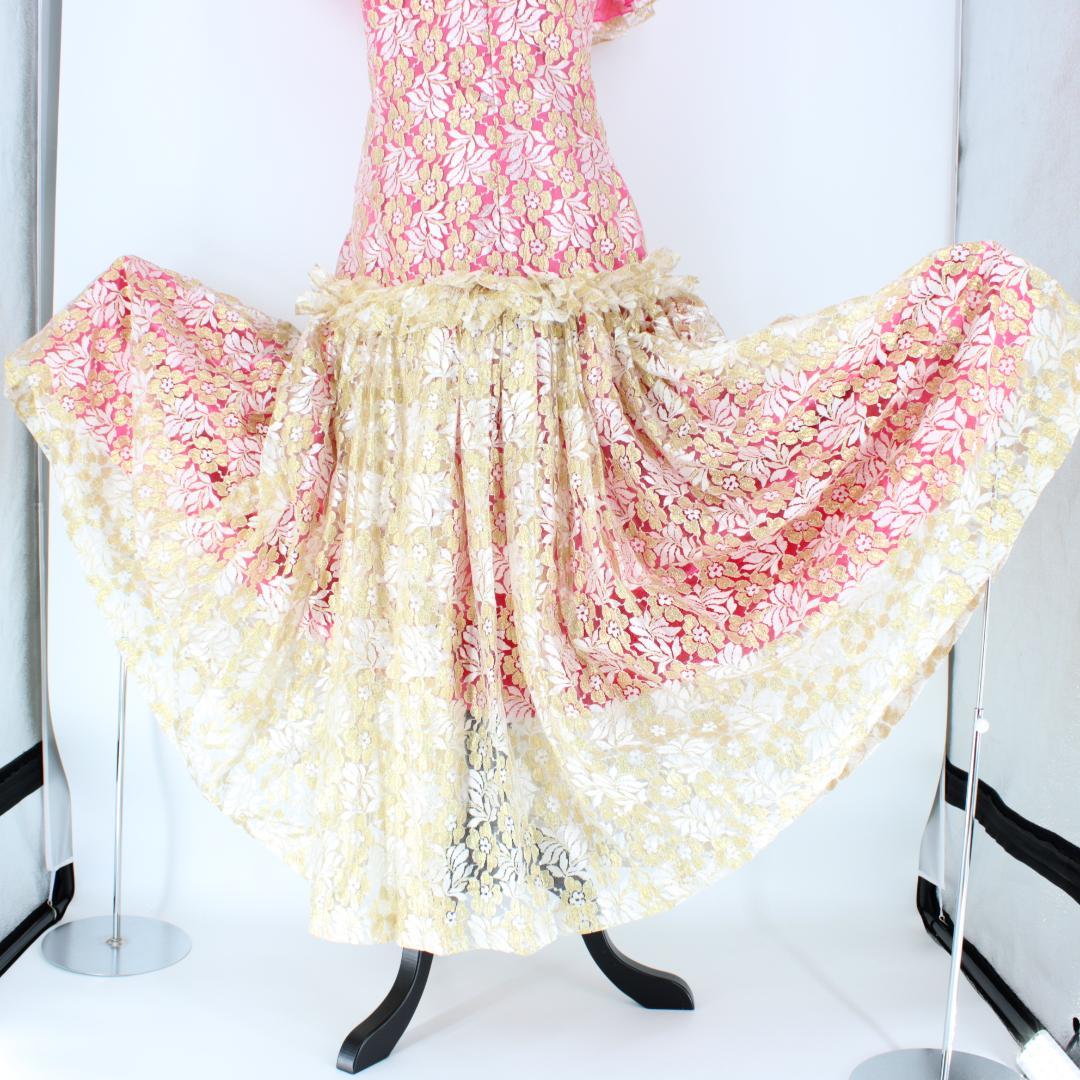 【美品 フラダンス衣装】ピンク ホワイト ゴールド レース ドレス ワンピース