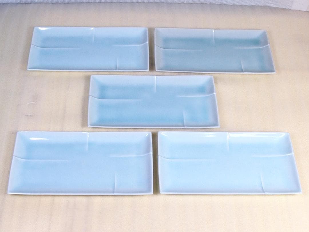 【未使用】たち吉/橘吉 青磁 長角皿 5客 竹節陽刻 焼物皿/刺身皿 磁器/食器