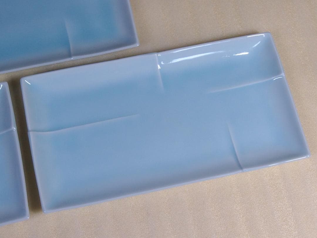 【未使用】たち吉/橘吉 青磁 長角皿 5客 竹節陽刻 焼物皿/刺身皿 磁器/食器