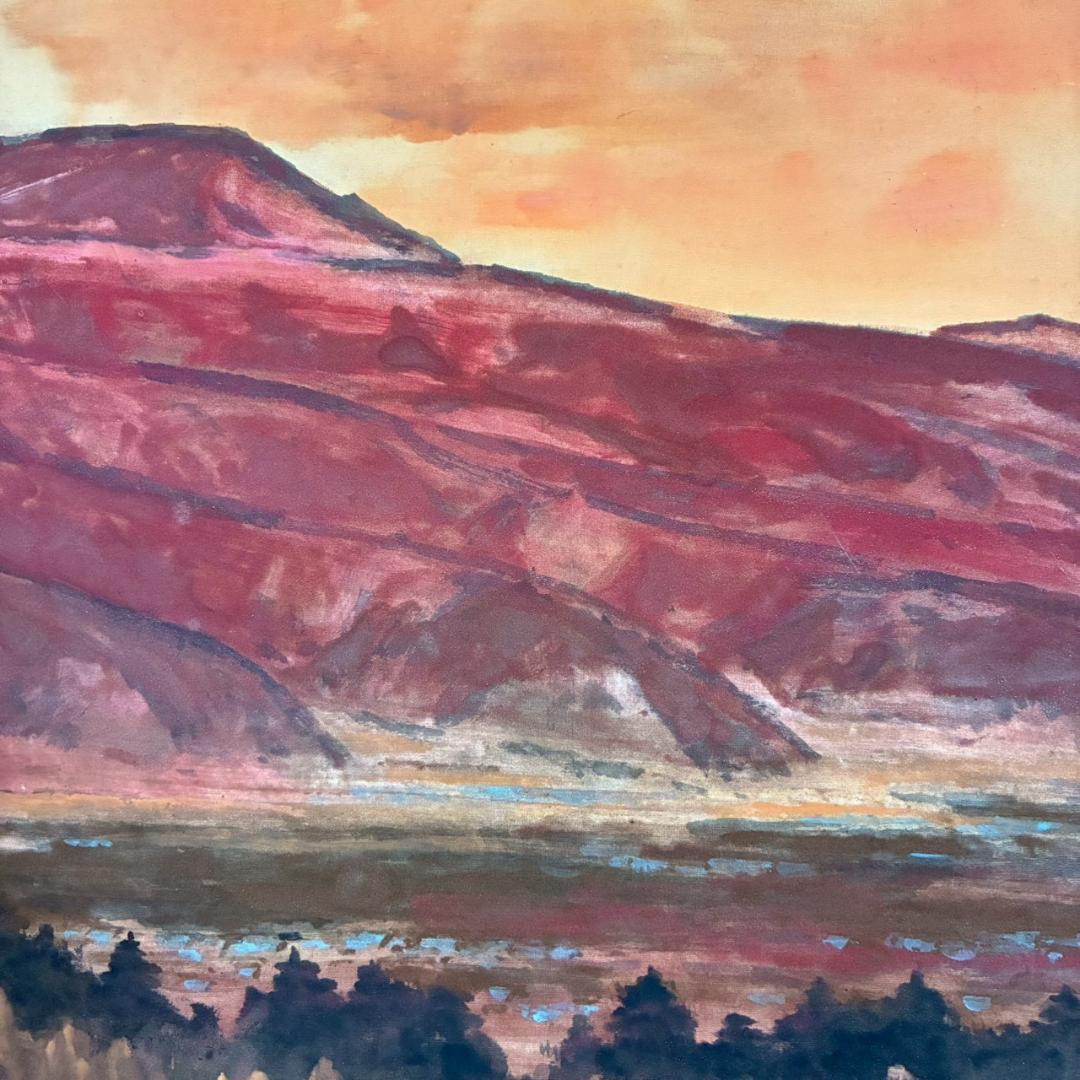 濱孤嘯「高原夕映」日本画 肉筆画 署名落款有 額縁入 風景画 日本美術院印友