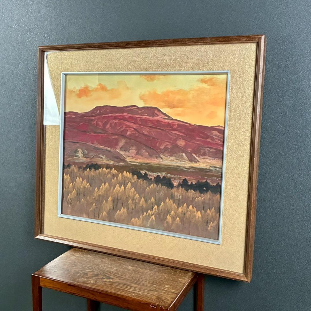 濱孤嘯「高原夕映」日本画 肉筆画 署名落款有 額縁入 風景画 日本美術院印友