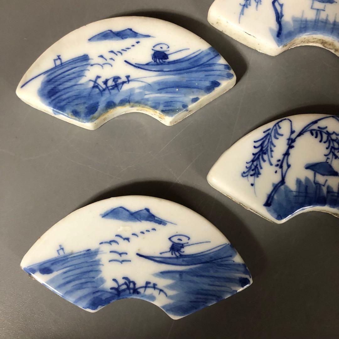 ◆574◆古染付 山水図 扇面形陶板6枚 プレート 古玩 骨董 唐物　中国美術