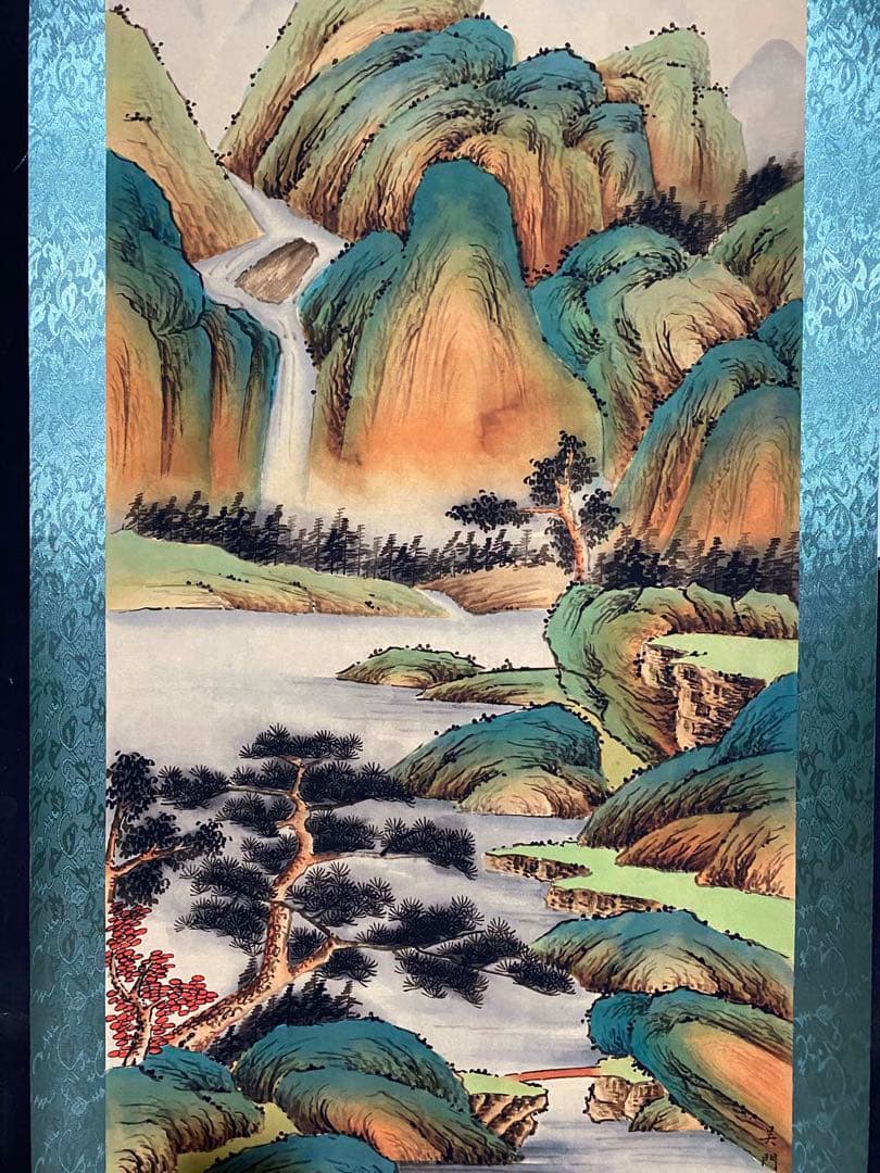 仇英 青绿山水 中国画 掛け軸 水墨画 和室 玄関 茶室 壁掛け 美術品