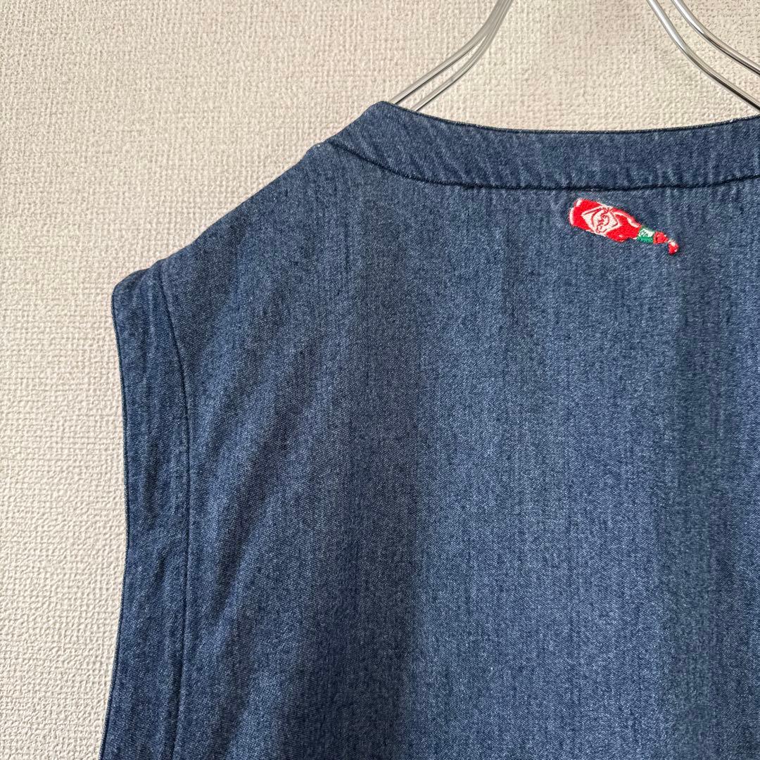 激レア タバスコ 背面刺繍 デニム風ベスト L 身幅広め 企業ロゴ 90s 春