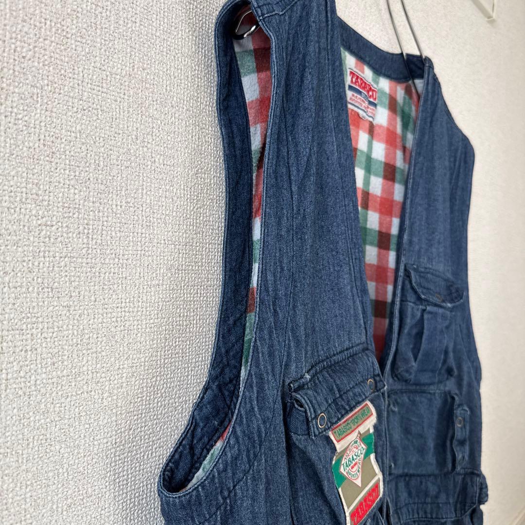 激レア タバスコ 背面刺繍 デニム風ベスト L 身幅広め 企業ロゴ 90s 春