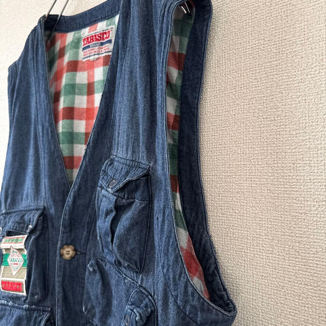激レア タバスコ 背面刺繍 デニム風ベスト L 身幅広め 企業ロゴ 90s 春