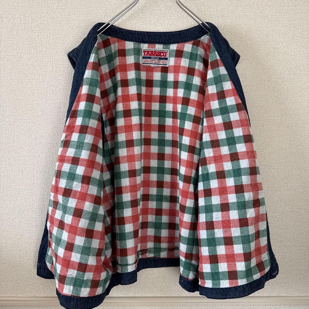 激レア タバスコ 背面刺繍 デニム風ベスト L 身幅広め 企業ロゴ 90s 春