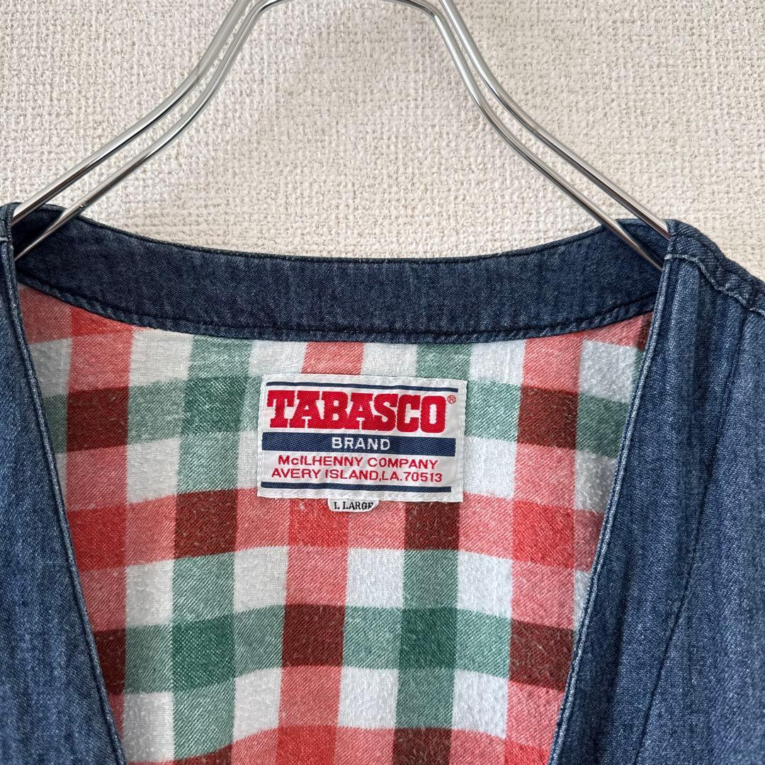 激レア タバスコ 背面刺繍 デニム風ベスト L 身幅広め 企業ロゴ 90s 春