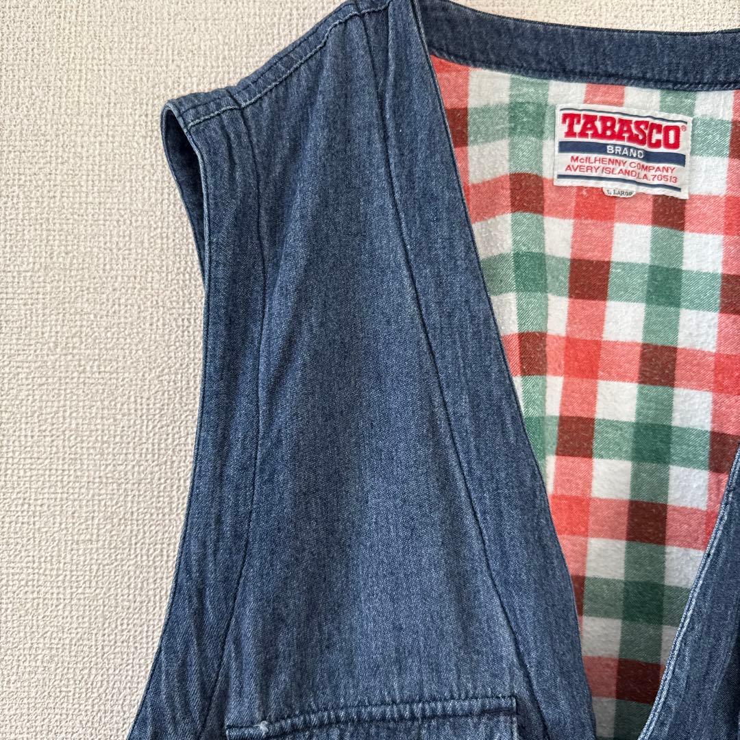激レア タバスコ 背面刺繍 デニム風ベスト L 身幅広め 企業ロゴ 90s 春