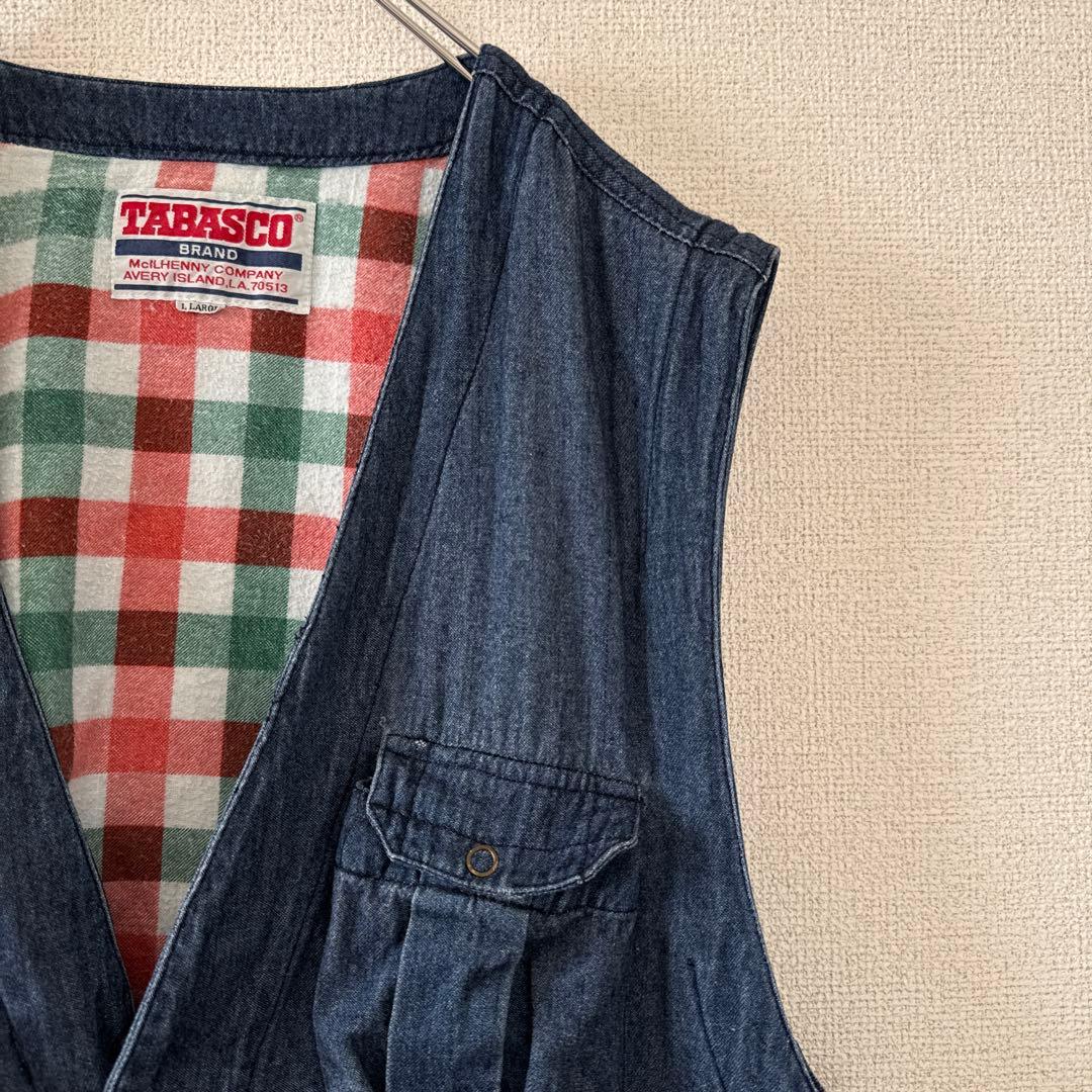 激レア タバスコ 背面刺繍 デニム風ベスト L 身幅広め 企業ロゴ 90s 春