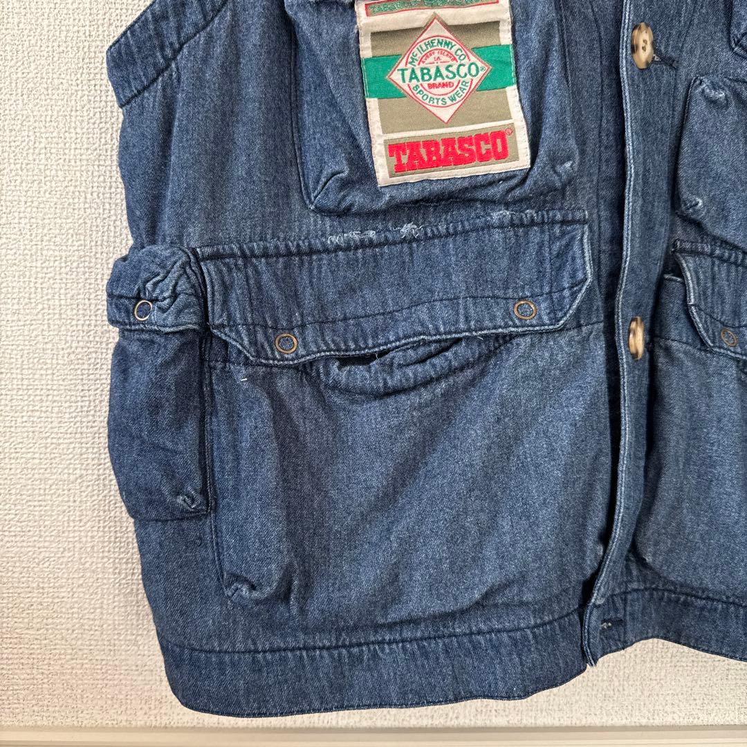 激レア タバスコ 背面刺繍 デニム風ベスト L 身幅広め 企業ロゴ 90s 春