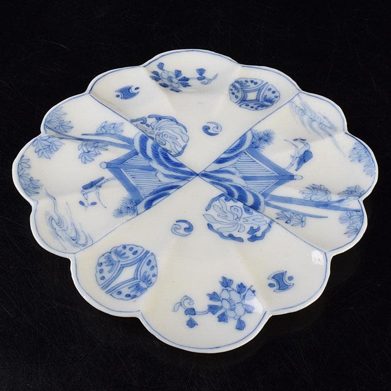 瀬戸焼　松籟園製　染付　花鳥文　扇面皿　V　R9526