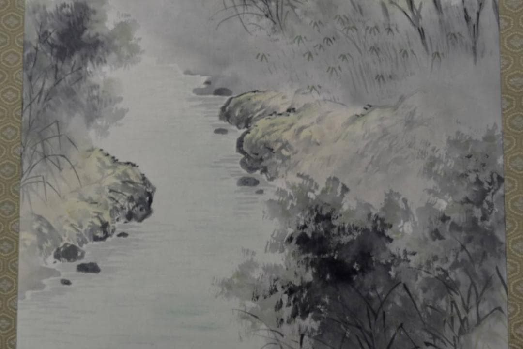 【真作】吾舟/春景山水人物図/掛軸/名家伝来/AA-453