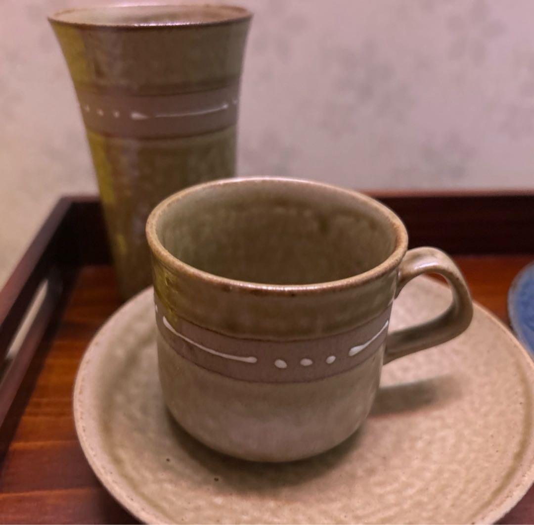 【新品木箱入り】織部茶器ペアコーヒーカップ＆ソーサー