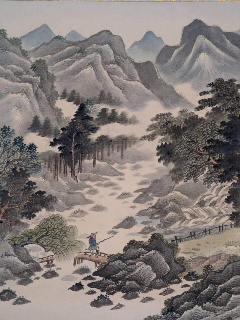 【真作】掛軸　山水人物図　壮麗な山河と旅人を描いた墨彩画　共箱入　R124