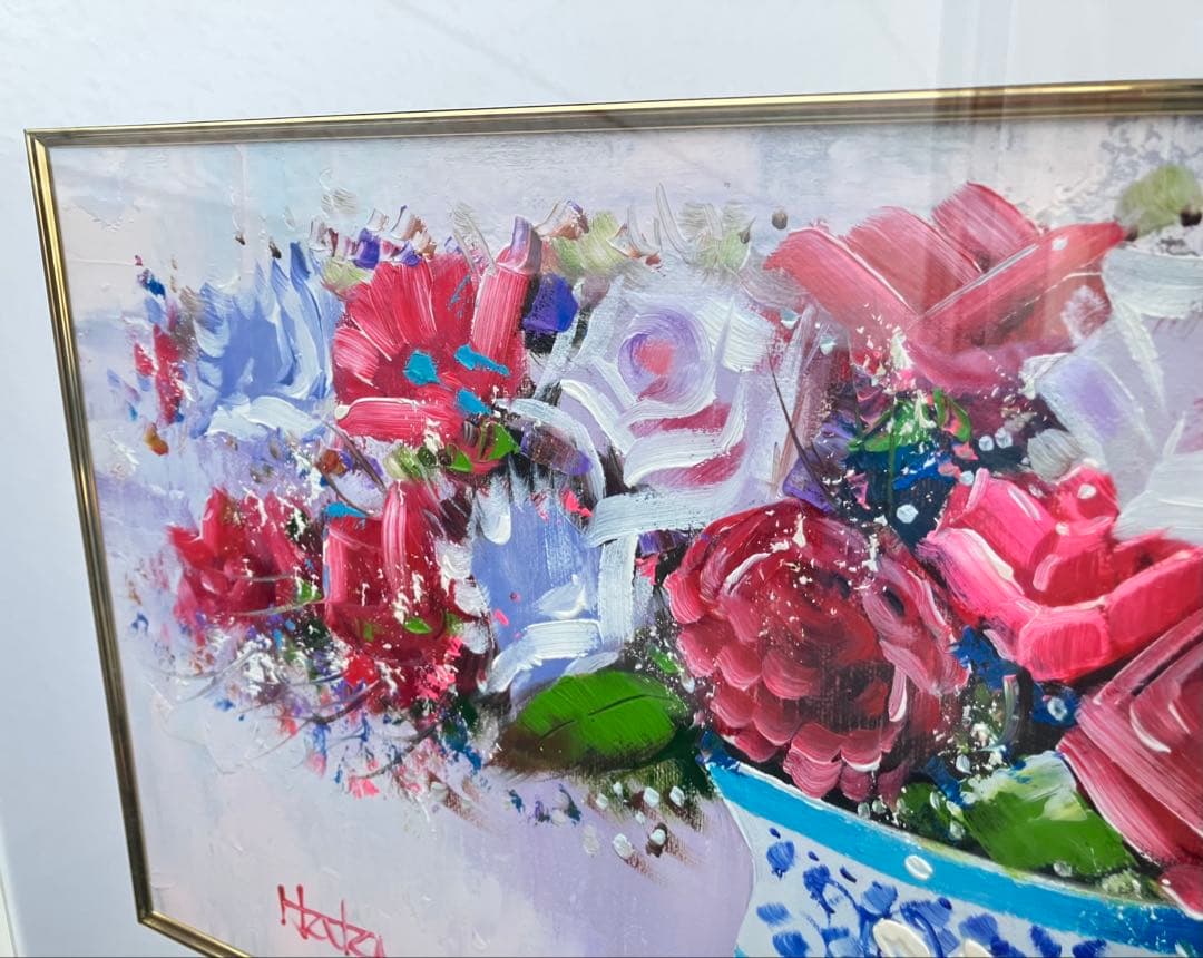 畑省三 油彩画 油絵 薔薇 花瓶 額装 SHOZO HATA