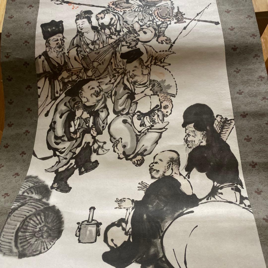 寿 七福神 墨絵 掛軸