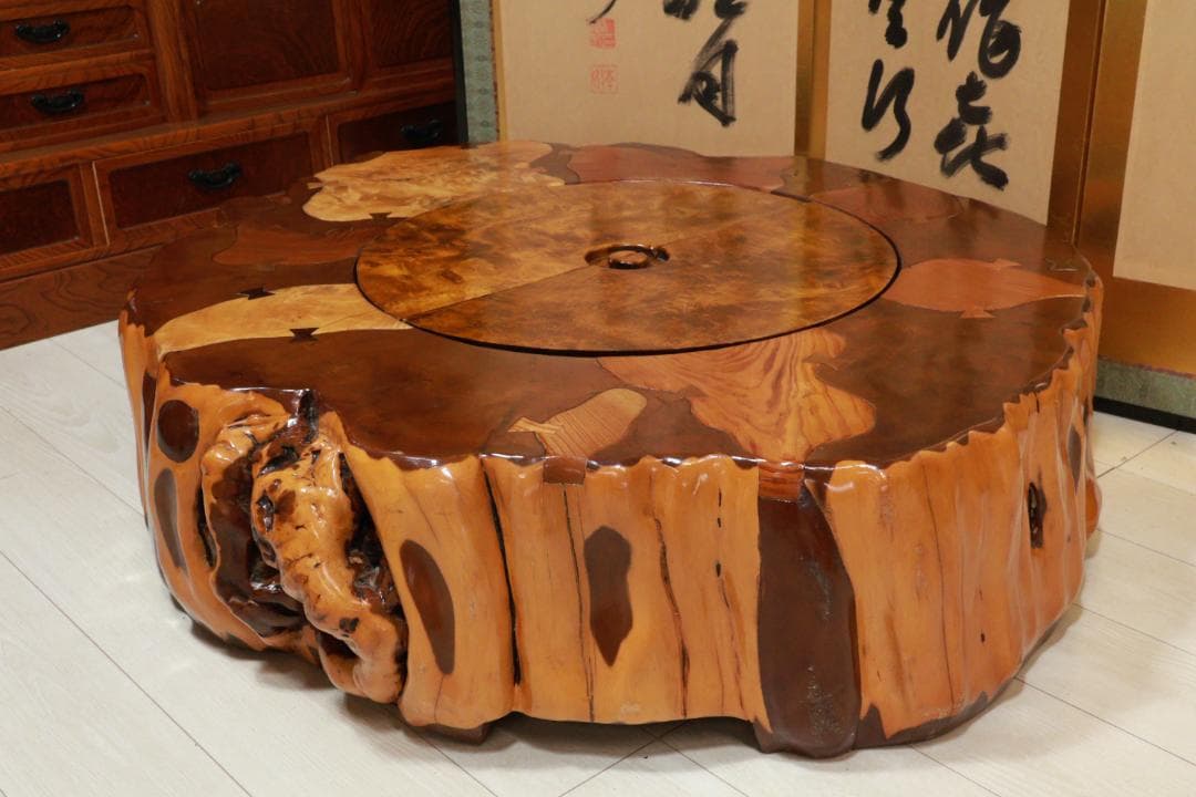 時代家具　木製　象嵌　刳り貫き　火鉢　大型　手炙り　蓋付　民芸品　BE951