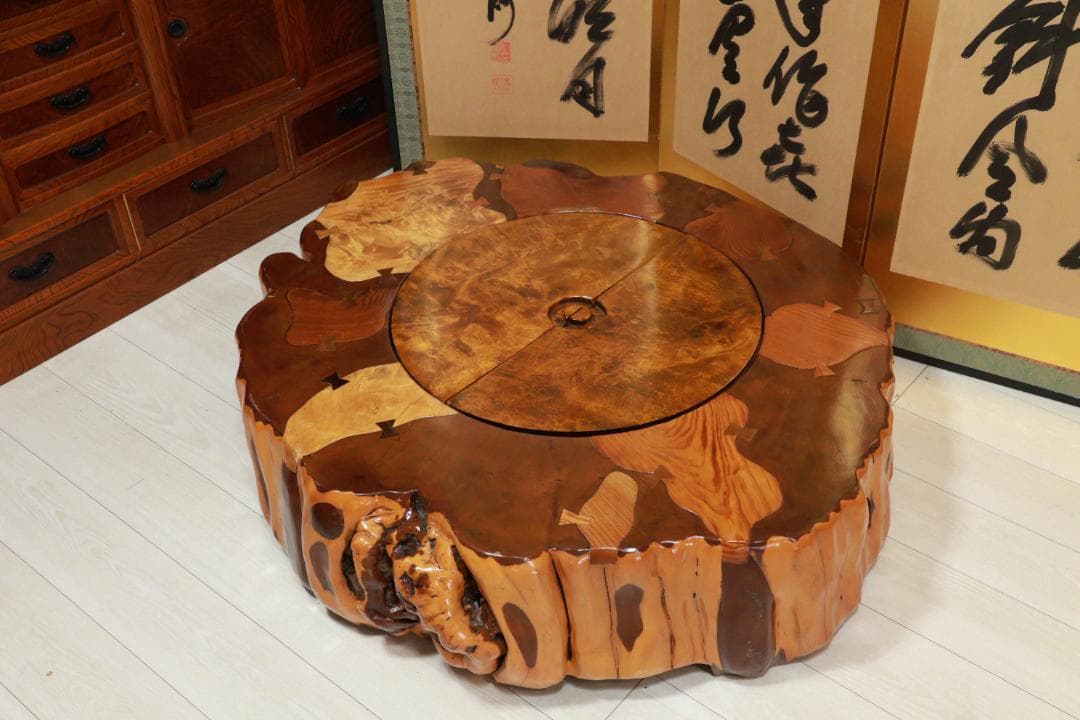 時代家具　木製　象嵌　刳り貫き　火鉢　大型　手炙り　蓋付　民芸品　BE951