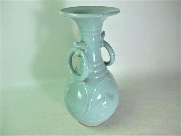青磁 彫刻 双耳付 環耳 花瓶 花生 銘「圓山」逸品 共箱