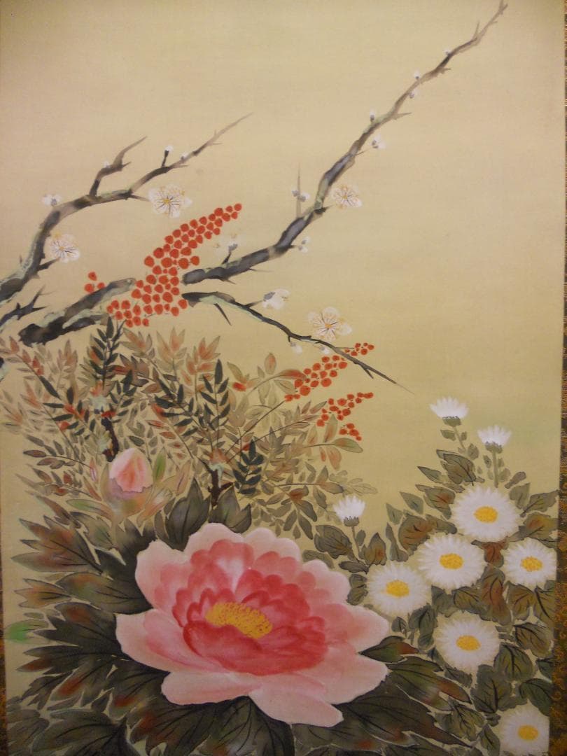 掛け軸 玉鳳 四季花 絹本 希少 軸装 茶道具 掛軸 美品 です。