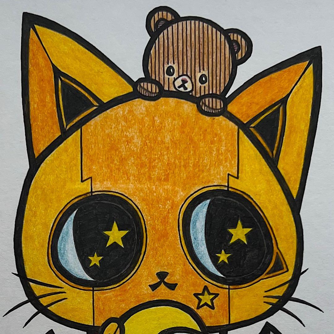 動物 原画 絵 手描き 癒し 猫 アート 一点物 額縁付『月を運ぶ猫型ロボット』