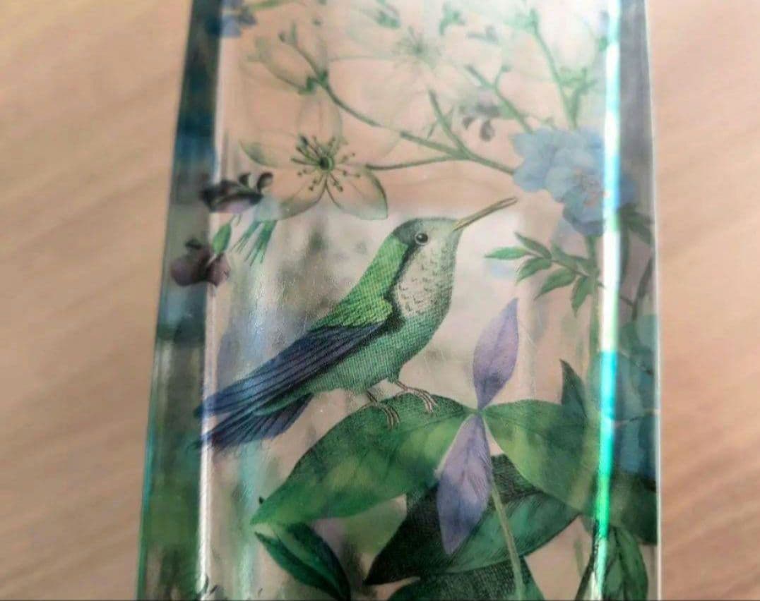 花と鳥のデザイン透明ガラス花瓶 ボタニカル 鳥 草花 蝶々 蜂鳥 ナチュラル