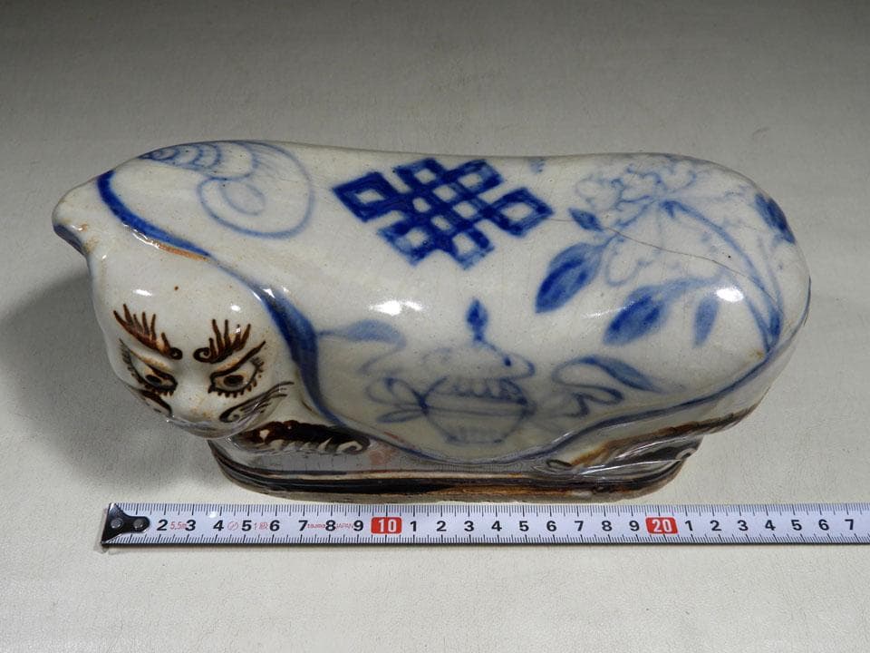 ●時代物 猫枕 猫陶枕 陶器製 陶枕 陶磁器 磁州窯 魔除け 中国古玩 猫雑貨