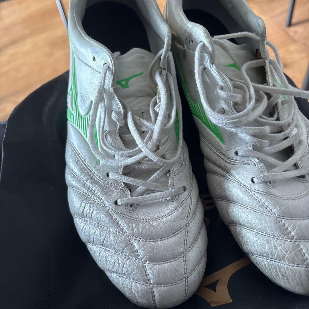 Mizuno サッカースパイクモナルシーダ ホワイト/グリーン カンガルーレザー