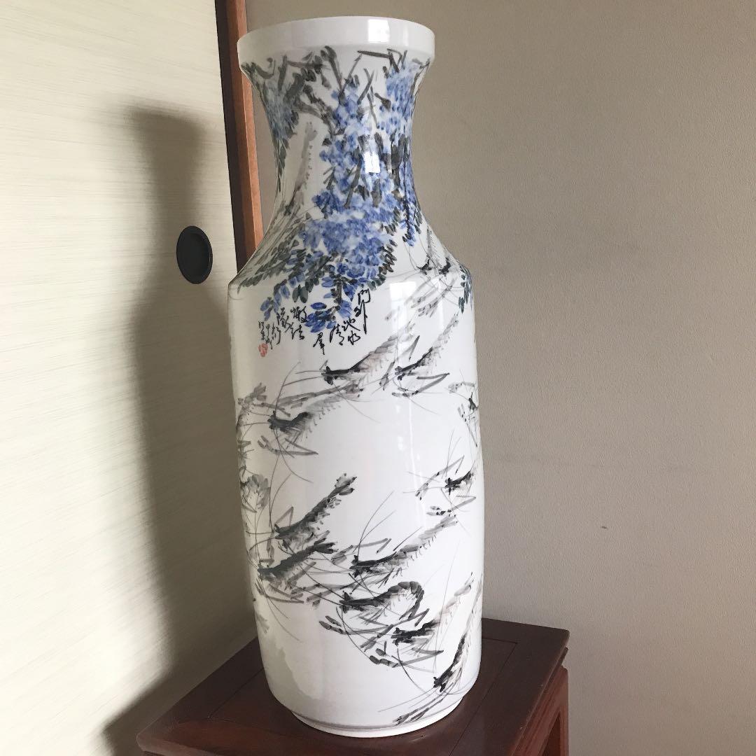 中国美術　特大花瓶　民国　骨董品　海老の絵　高さ66cm