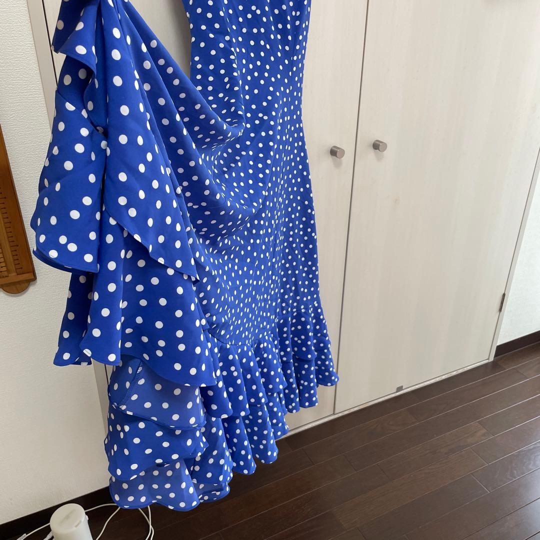 フラメンコドレスワンピース 青 水玉模様 フリル付き