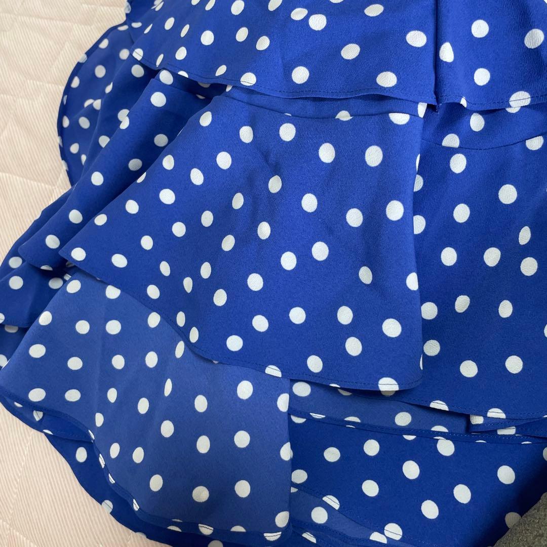 フラメンコドレスワンピース 青 水玉模様 フリル付き