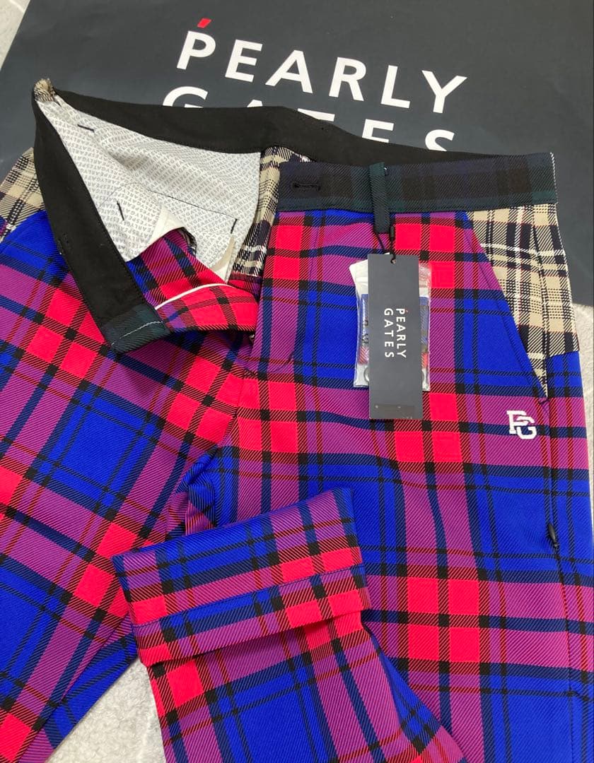 新品 パーリーゲイツ ポリエステルストレッチチェックパンツ(5)サイズL/マルチ