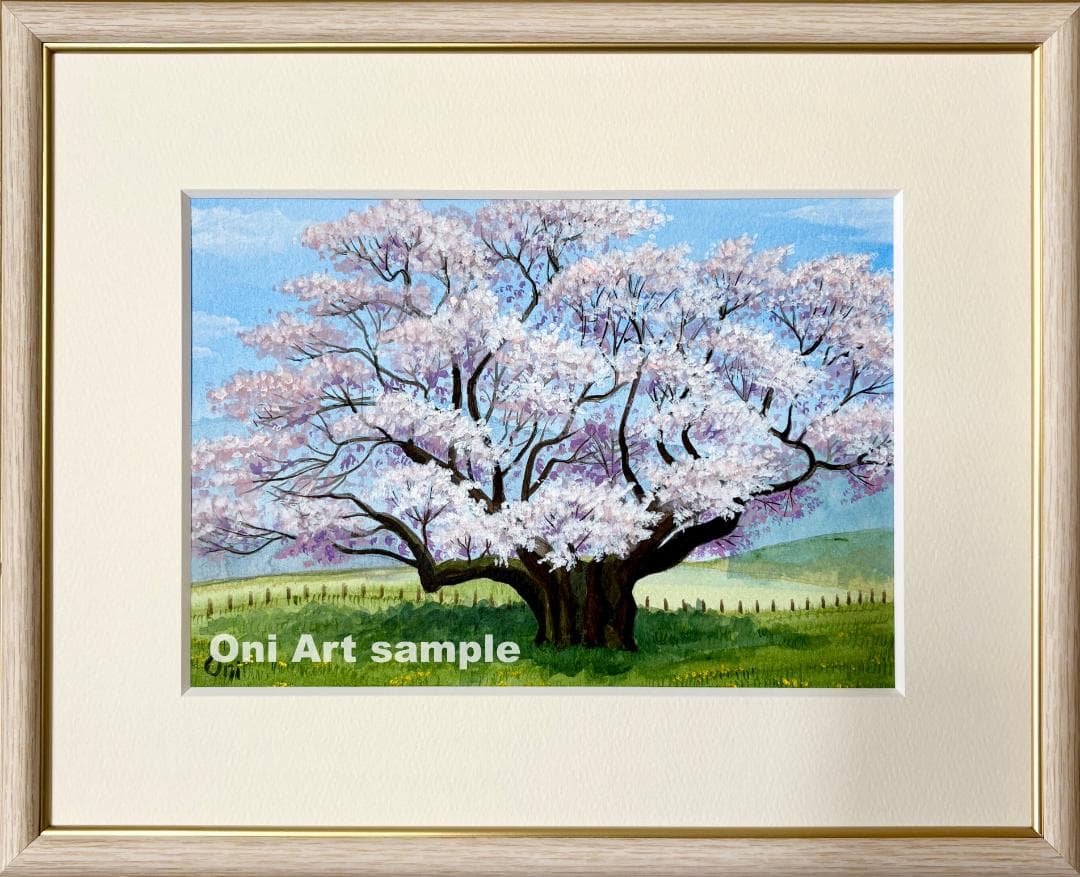 アクリル画　原画　「根尾谷淡墨桜」額縁付　SMサイズ　風景画