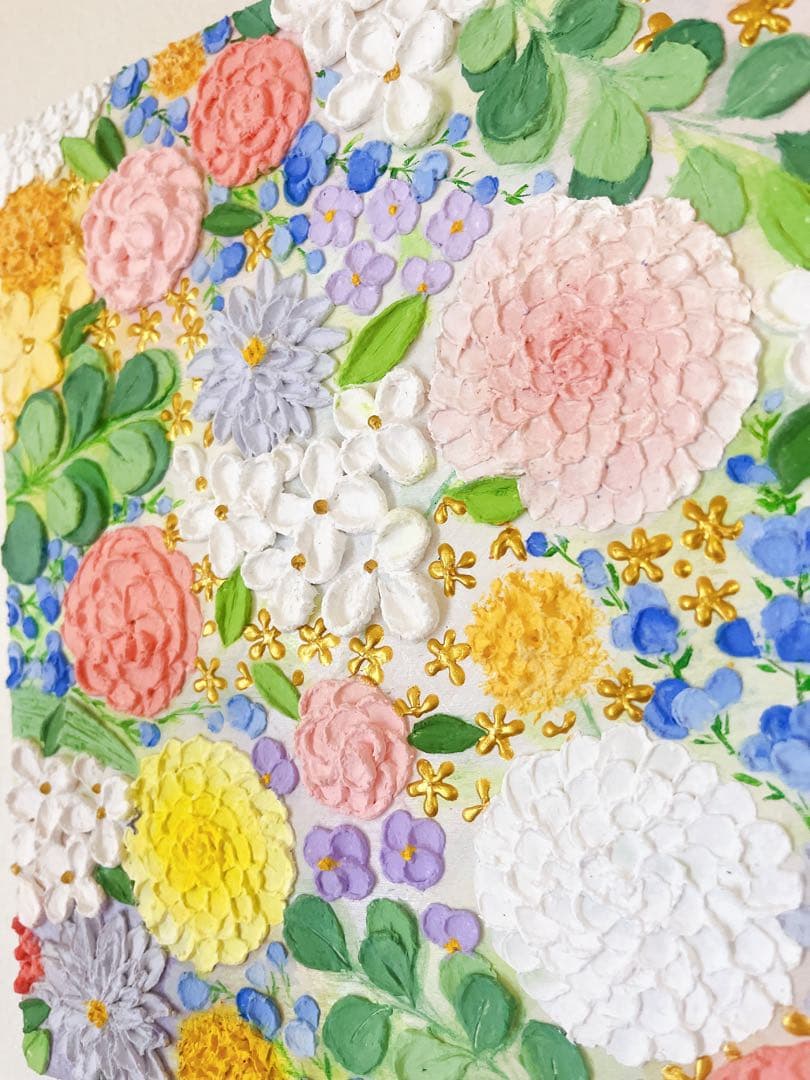 テクスチャーアート ゴールド金 絵画 花の絵 花柄 インテリア 原画　ボタニカル