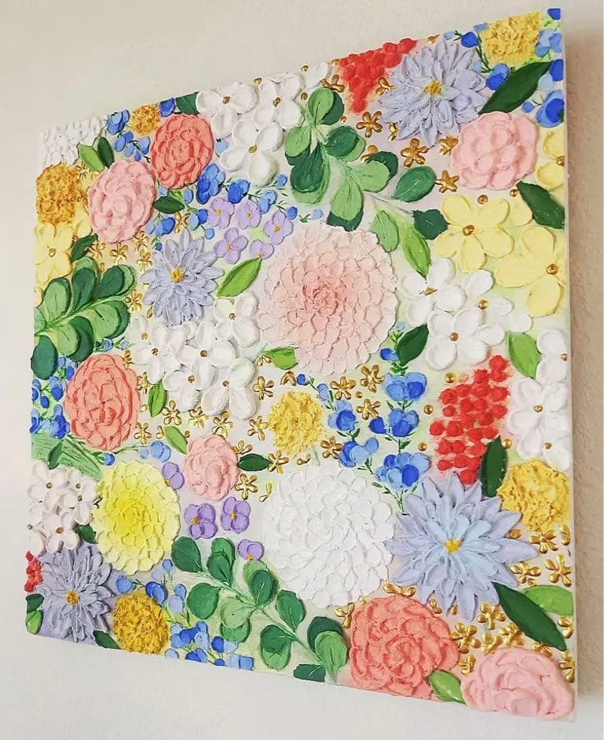 テクスチャーアート ゴールド金 絵画 花の絵 花柄 インテリア 原画　ボタニカル