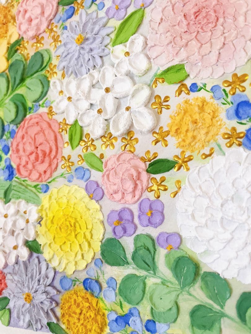 テクスチャーアート ゴールド金 絵画 花の絵 花柄 インテリア 原画　ボタニカル