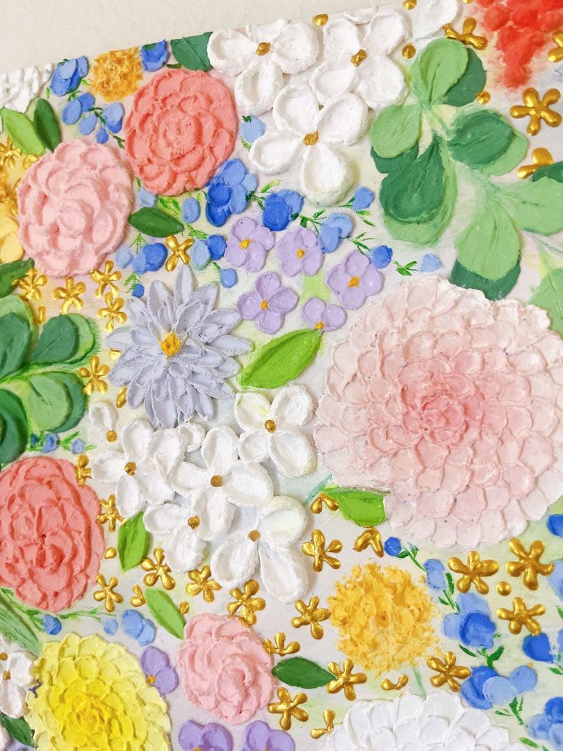 テクスチャーアート ゴールド金 絵画 花の絵 花柄 インテリア 原画　ボタニカル