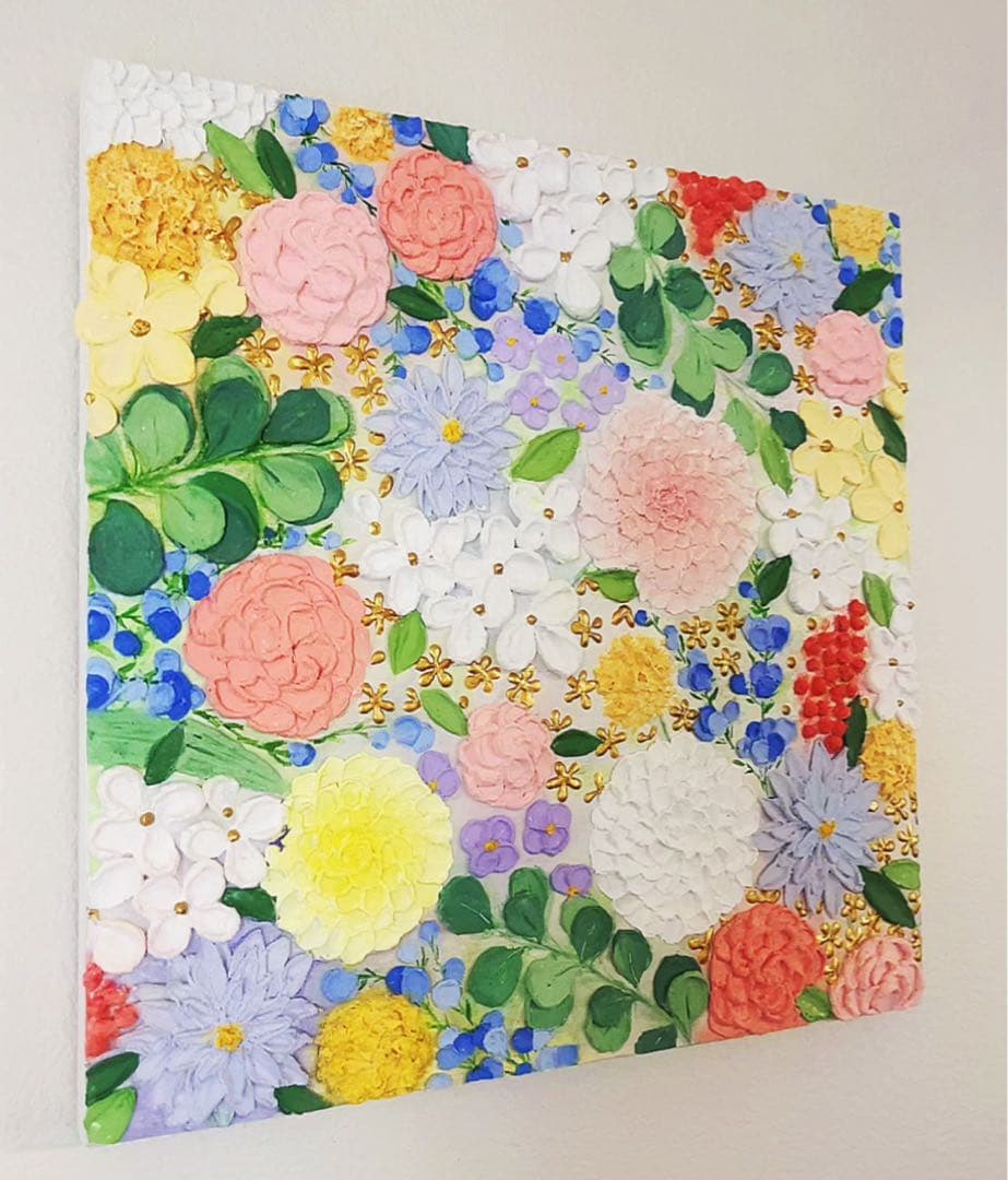 テクスチャーアート ゴールド金 絵画 花の絵 花柄 インテリア 原画　ボタニカル