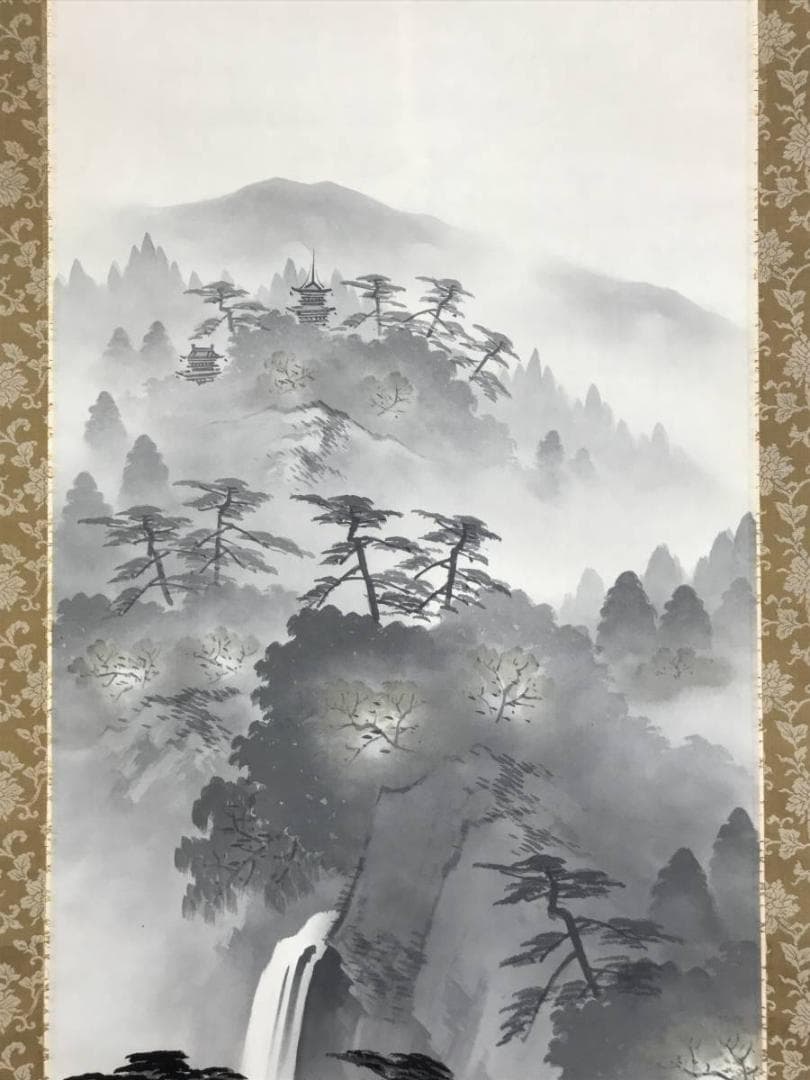 真作/井元荻浦/山峡佳趣図/滝山水/山水図/掛軸☆宝船☆AE-358