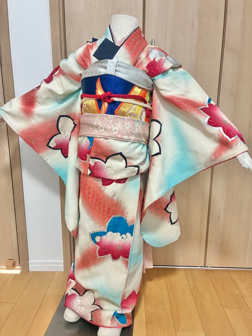 七五三 七歳女の子 着物 水色 ピンク ぼかし 花柄