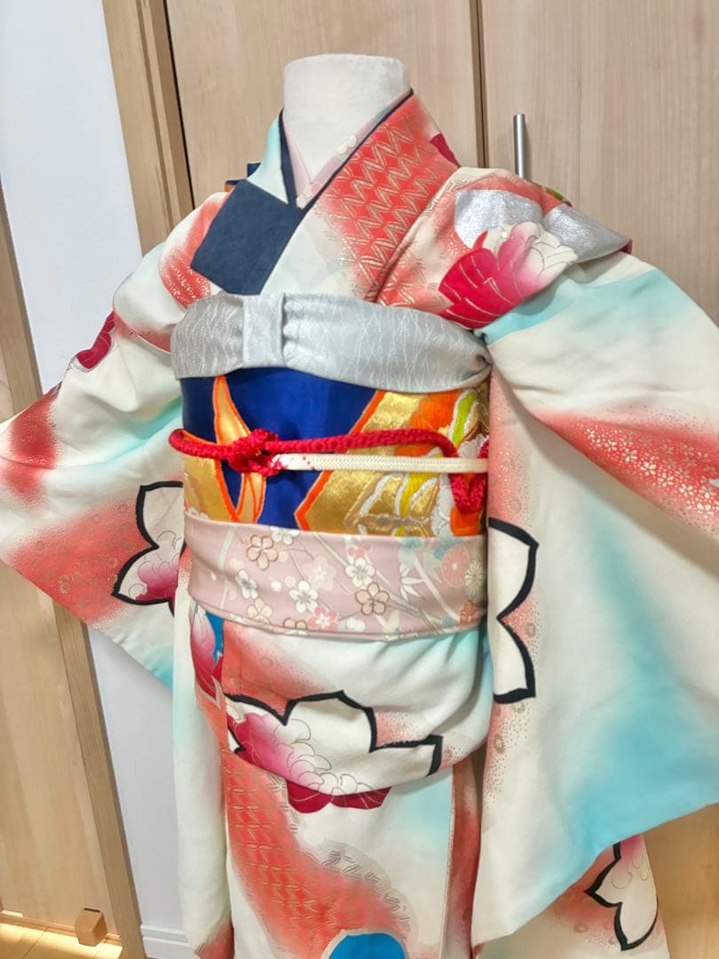 七五三 七歳女の子 着物 水色 ピンク ぼかし 花柄